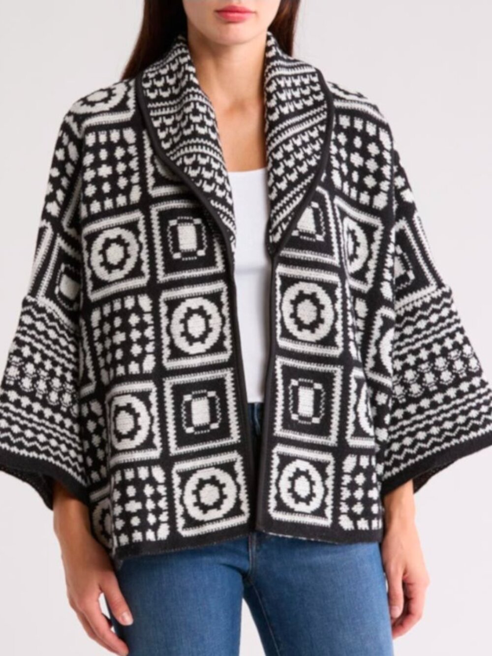 Roffe Black White Geometric Shawl Collar Knit Sweater Boho Retro Cozy Artsy OS